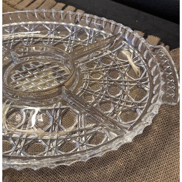 Vintage Lead Crystal Divided Serving Platter Tray Center Dipping Bowl 14 Inch - Picture 2 of 4